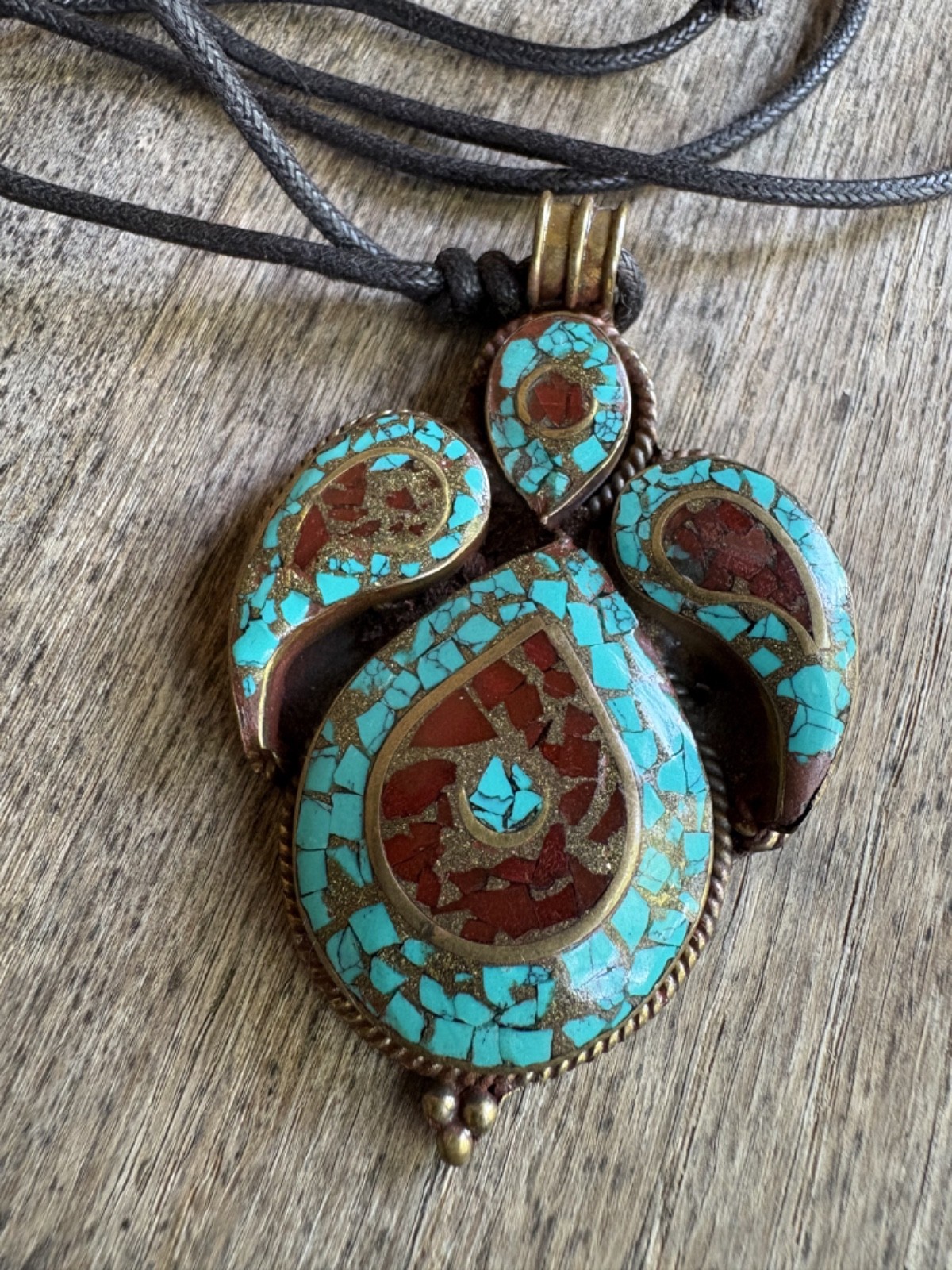 Turquoise and Coral Vintage Brass Nepalese Tibetan Pendant Necklace 26.6 grams