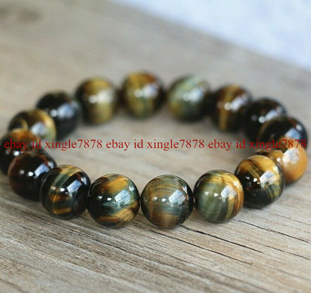 Natural 6/8/10/12/14mm Yellow Blue Tiger Eye Gems Beads Jewellery Bracelet 7.5″