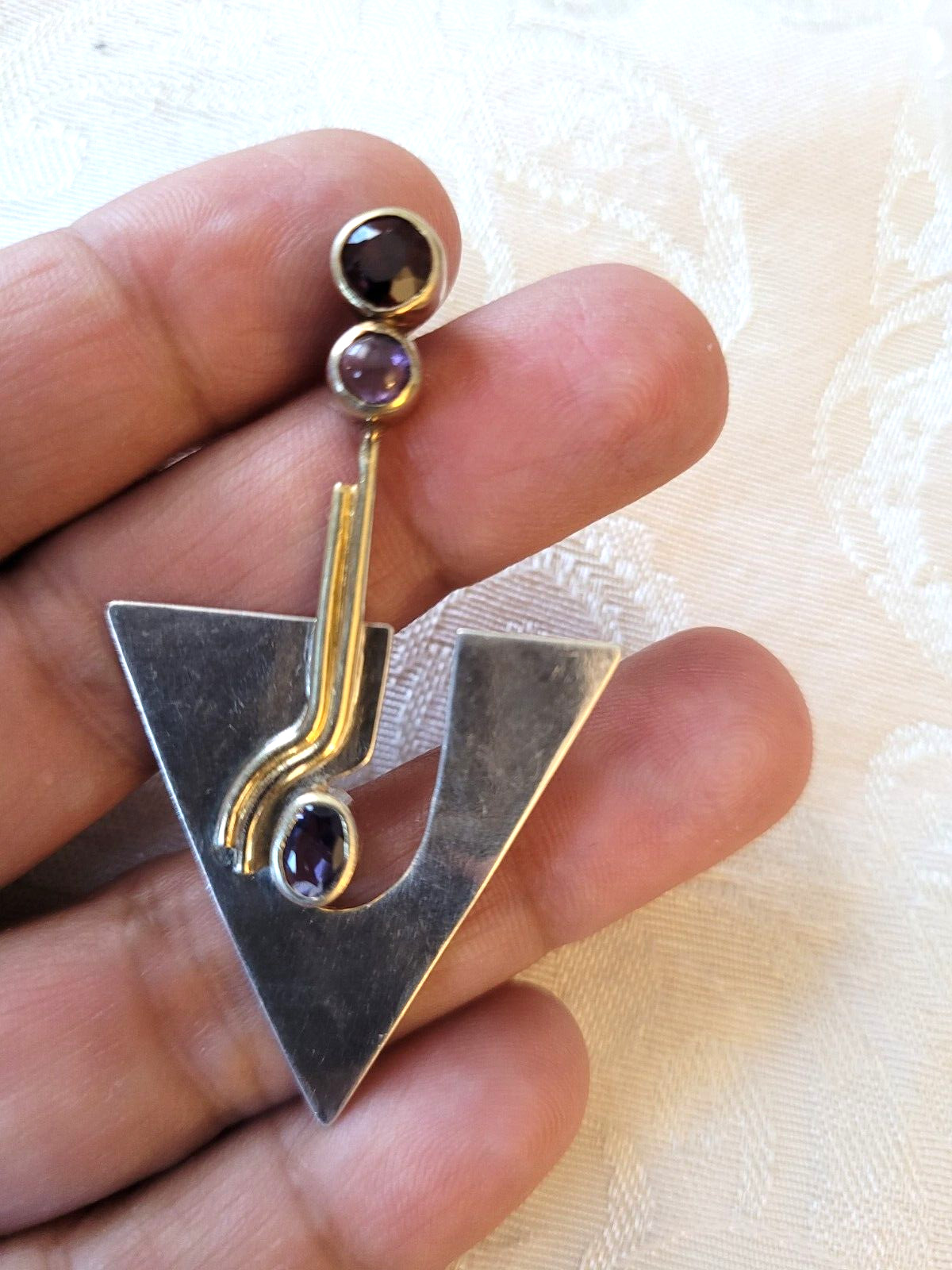 Vintage Signed YES Studio 925 Sterling Silver Amethyst Modernist Arrow? Pendant
