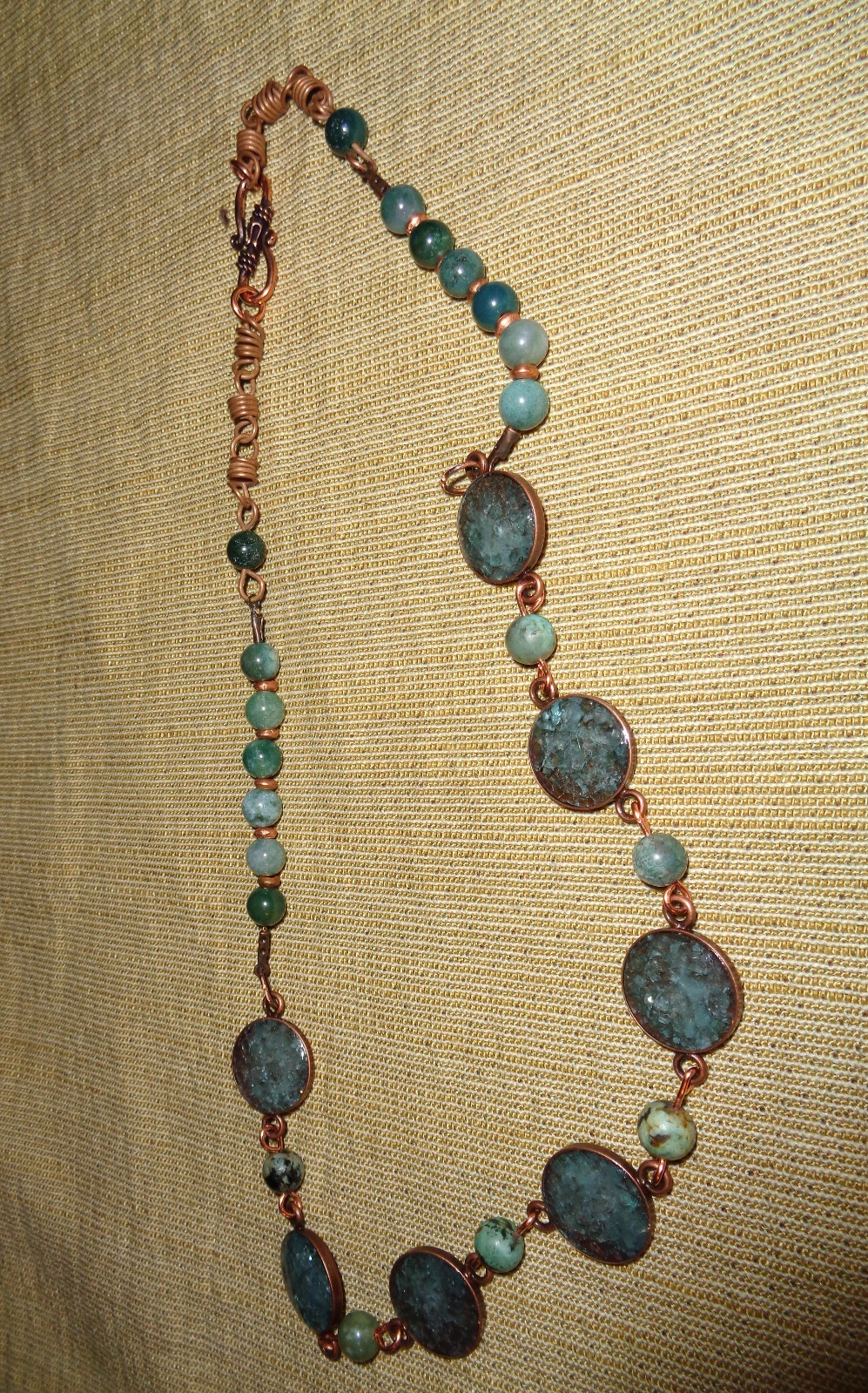 Artisan crafted, 19” crushed apatite in resin necklace, with agate connectors, a