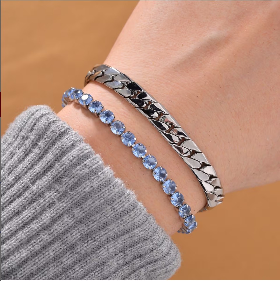 Simulated Blue Diamond Set Tennis & Curb Bracelets Stainless Steel 7.50-9.0in
