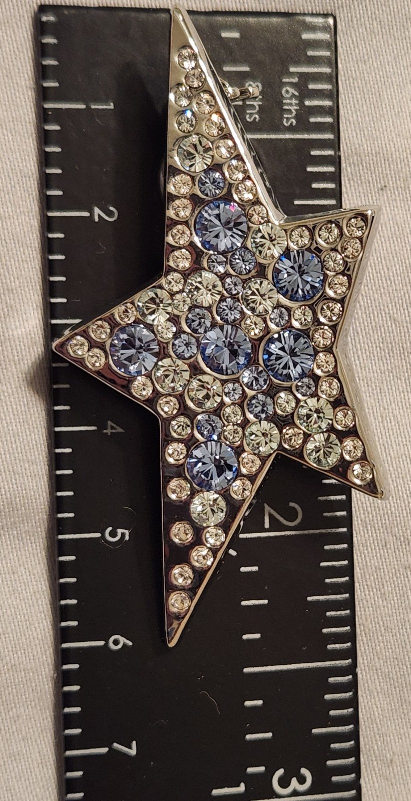 Rare Style New Thierry Mugler Star PIN Brooch Silver w/ Blue & White Crystals