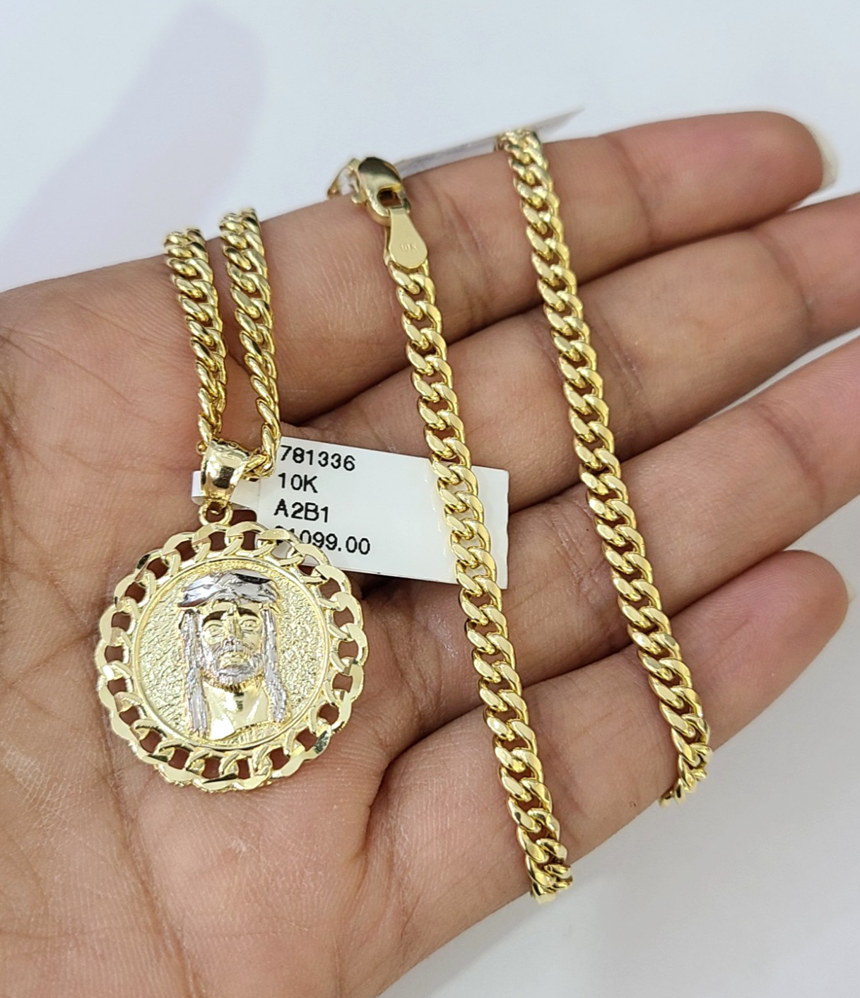 10k Gold Chain Miami Cuban Jesus Head Charm Pendant Set 4mm 18″-28″ Necklace