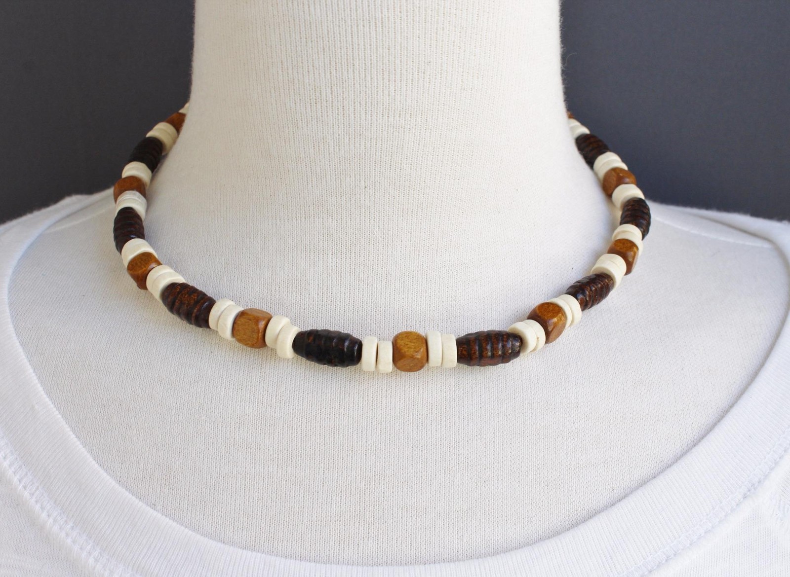 Wood beaded choker necklace stretchy choker collar 15.5″ long surfer skater