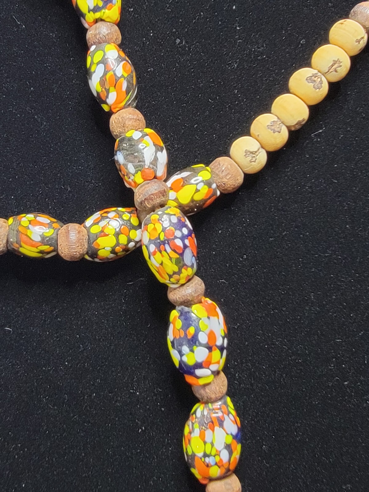 Vtg Wood Spacer Glass Trade Beads Black Blue Orange Yellow Necklace Roughly 32″