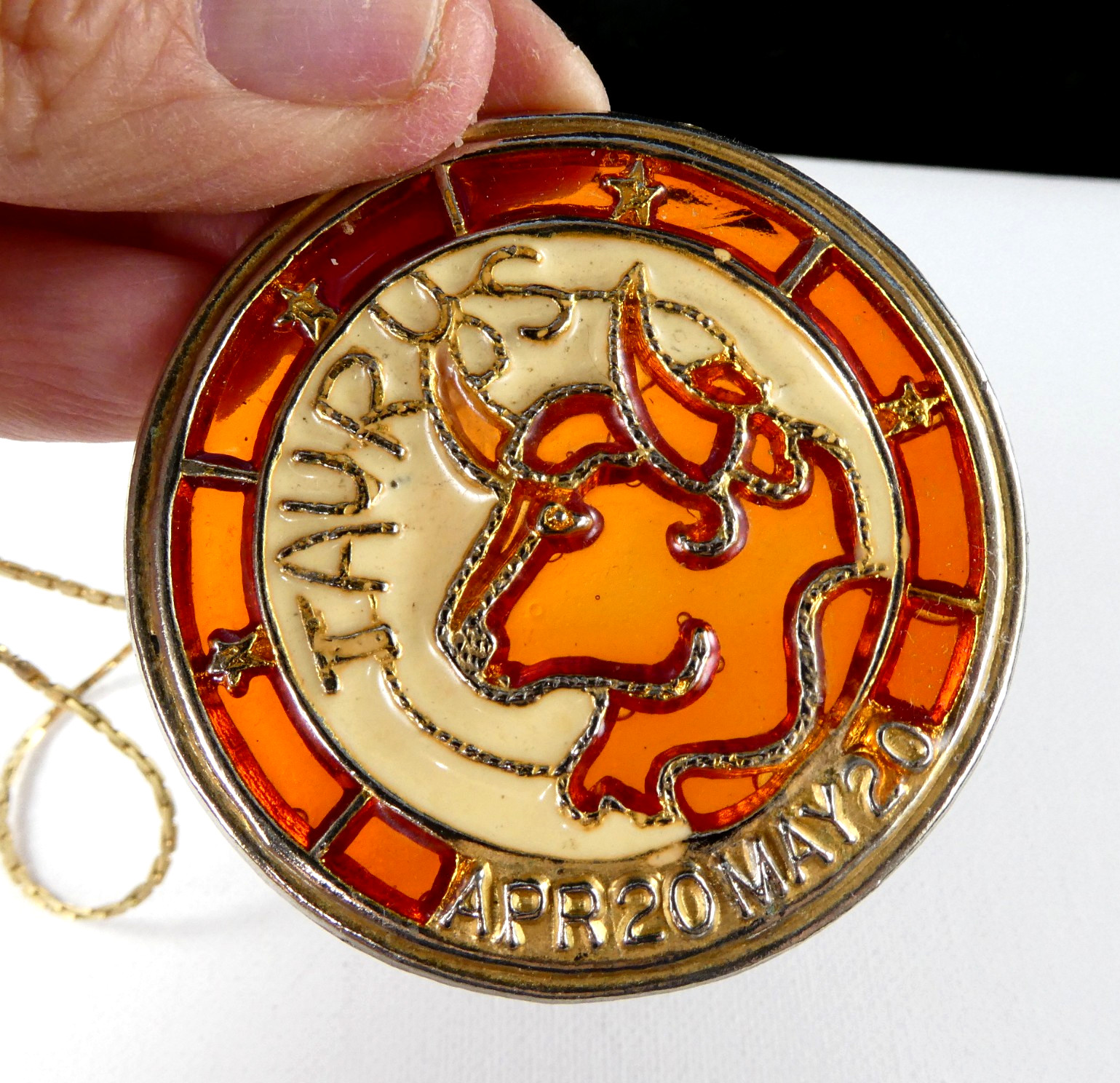 Vintage Zodiac Pendant TAURUS The Bull Stained Glass Look Astrology Necklace 18″