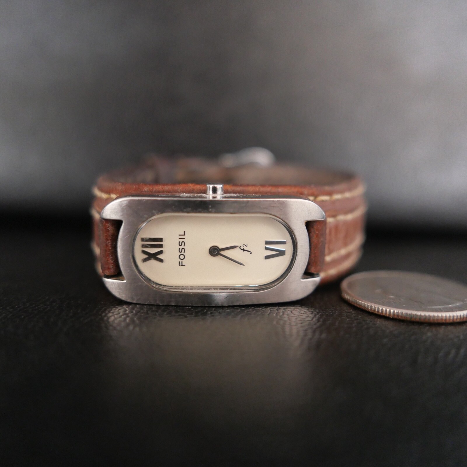 Fossil F2 ES9533 Quartz Watch Silver Case Brown Leather Band !!!