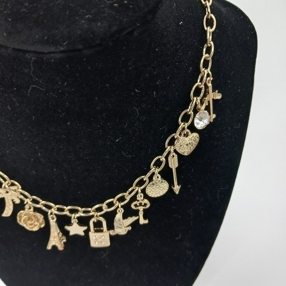 Forever 21 Gold Tone Charm Necklace Travel Love Paris Lock Key Heart Charm Chain