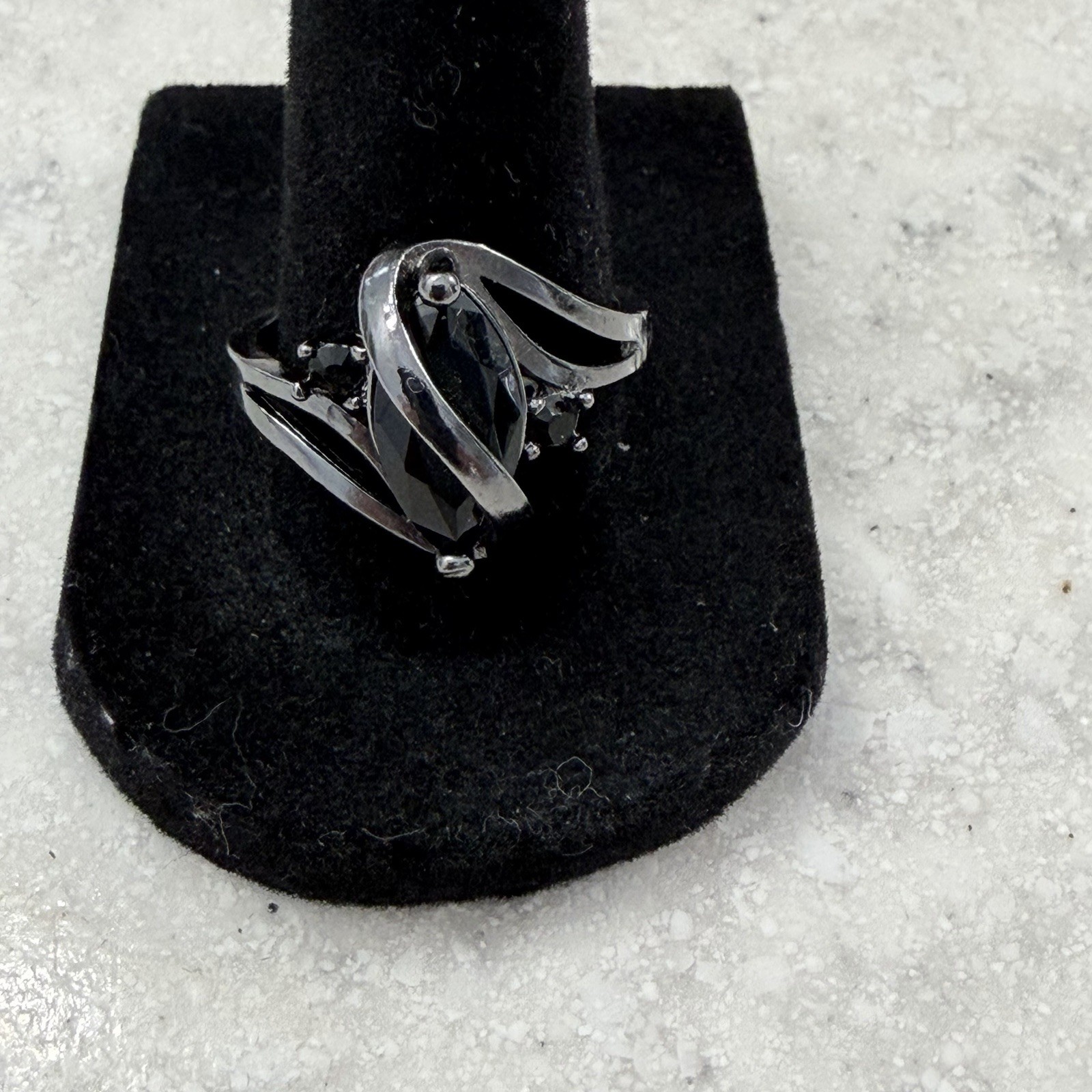 Gun Metal Black Gem Costume Marquis Ring Sz 9.25, 925 Stamped.