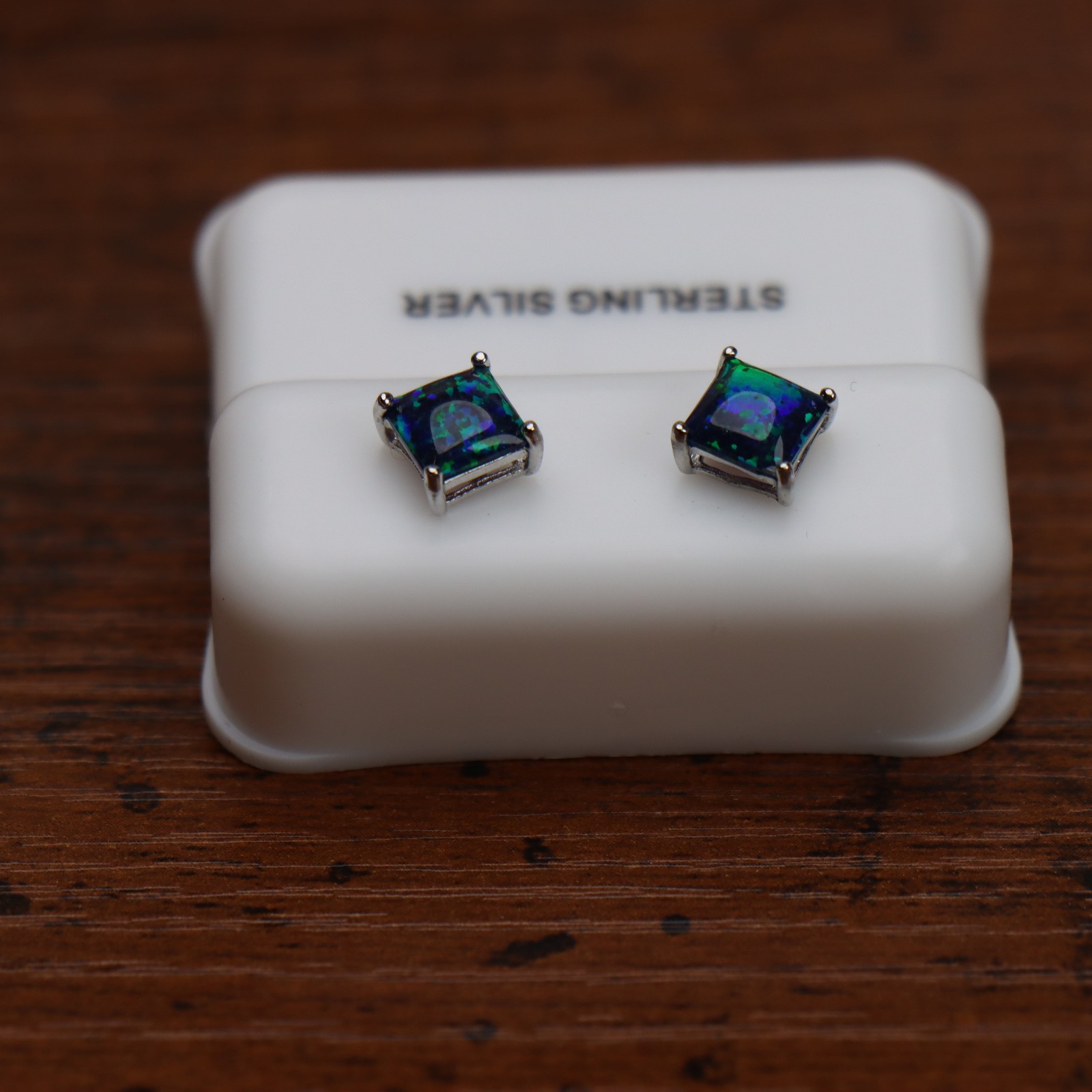 Green Fire Opal Square Earrings 925 Sterling Silver Lab Created