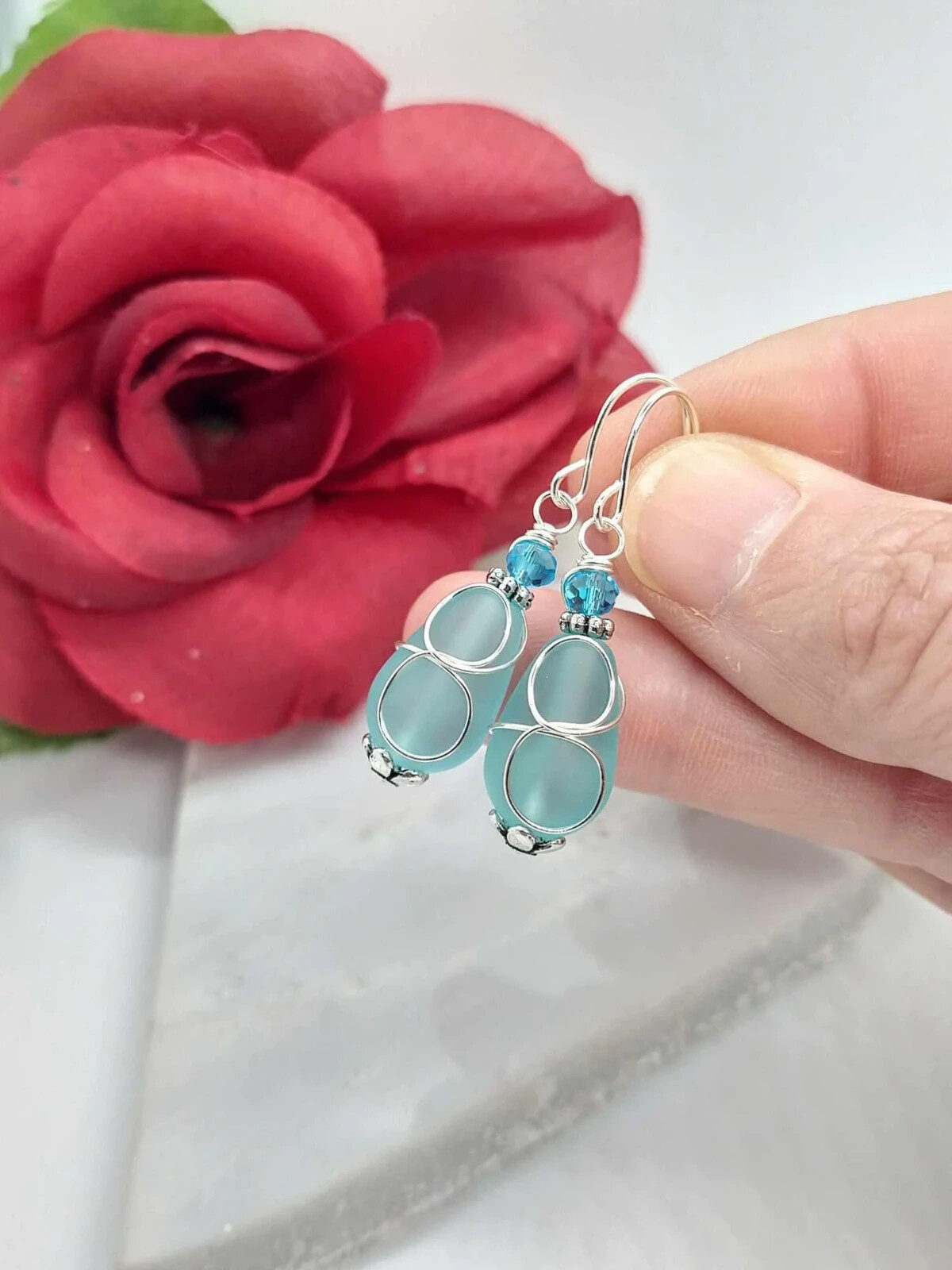 Teardrop Blue Frosted Seaglass Glass Earrings Everyday Wedding Sterling Silver