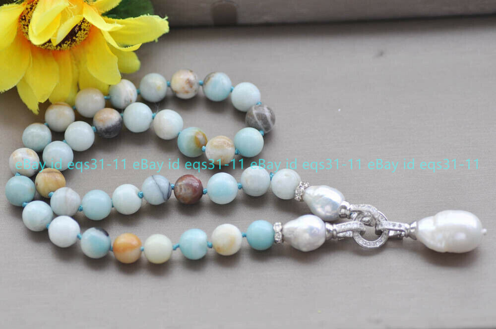 Natural Multicolor Amazonite Beaded White Keshi Baroque Pearl Pendant Necklace