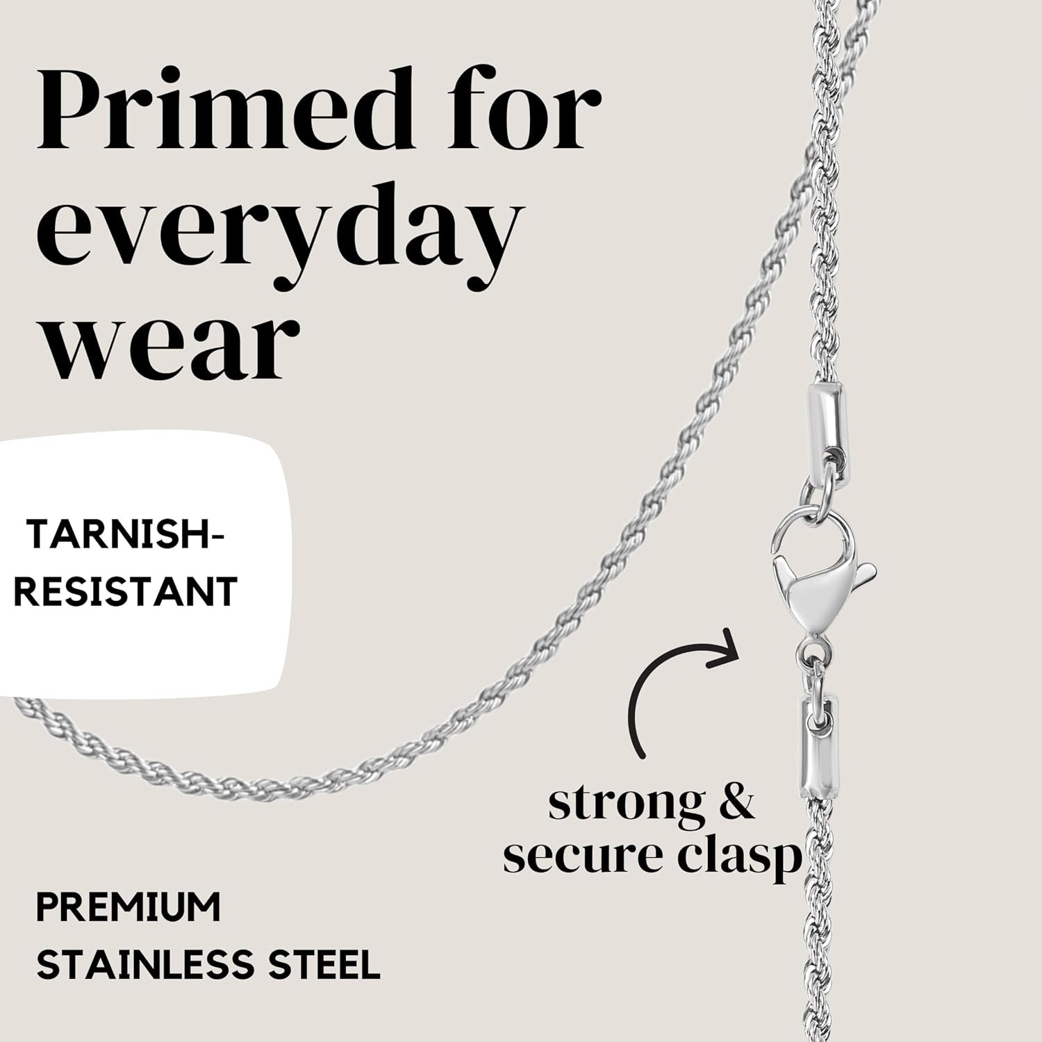 White Gold Rope Chain Necklace for Women 2Mm Plated Stainless Steel | 2Mm, 16-30