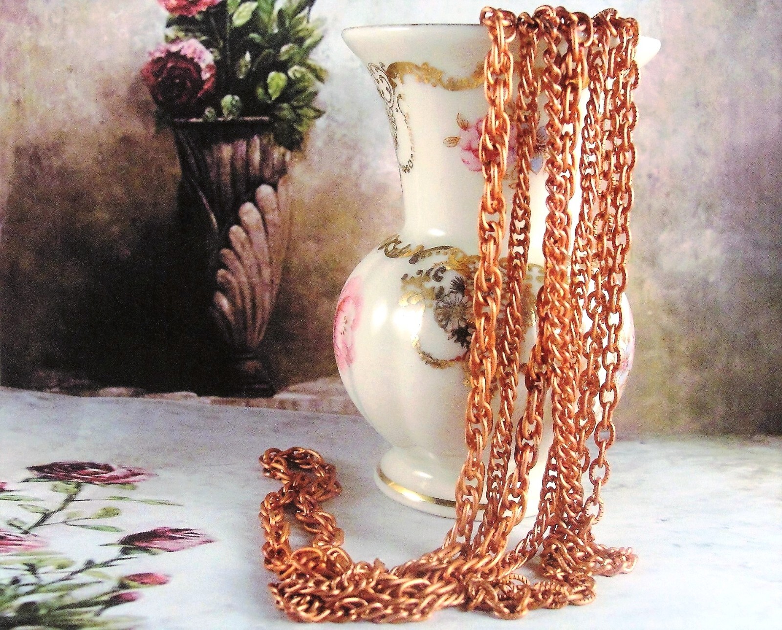 Aged Copper Coated Steel Curb, Cable and Rope Graduated 4 Chain Necklace w/Clasp