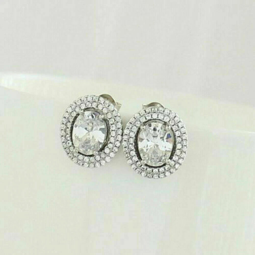 2.25Ct Oval Cut Simulated Diamond Double Halo Stud Earring 14K White Gold Plated