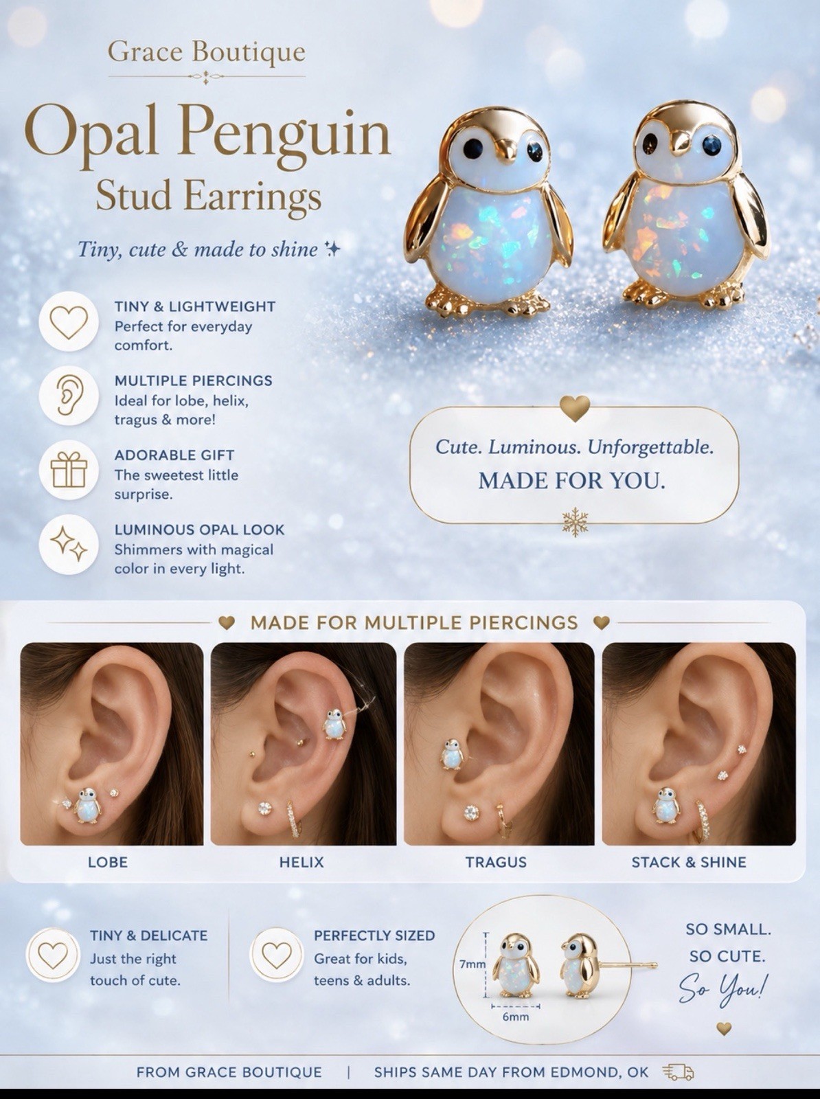 Grace Boutique Opal Penguin Stud Earrings Gold Tone Crystal Butterfly Back