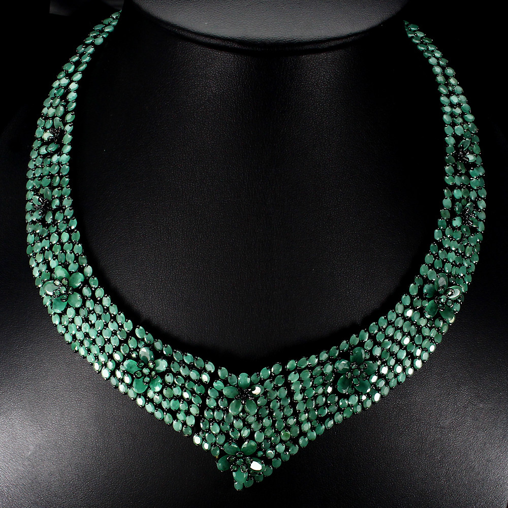 662ct GENUINE 7x5mm Top Rich Green Emerald 925 Sterling Silver BIB Necklace RARE