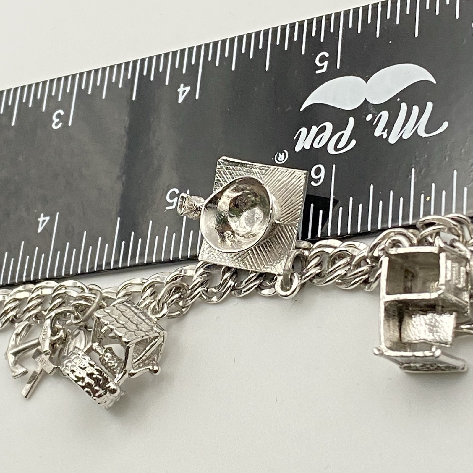 Vintage 70’s Sterling Silver 7″ Variety Charm Bracelet Double Link Safety Chain