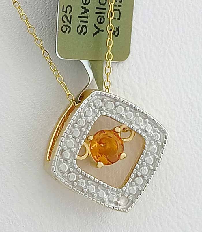 GENUINE 0.23 Cts YELLOW TOPAZ & DIAMOND NECKLACE 14K YELLOW GOLD PLATED (.925)