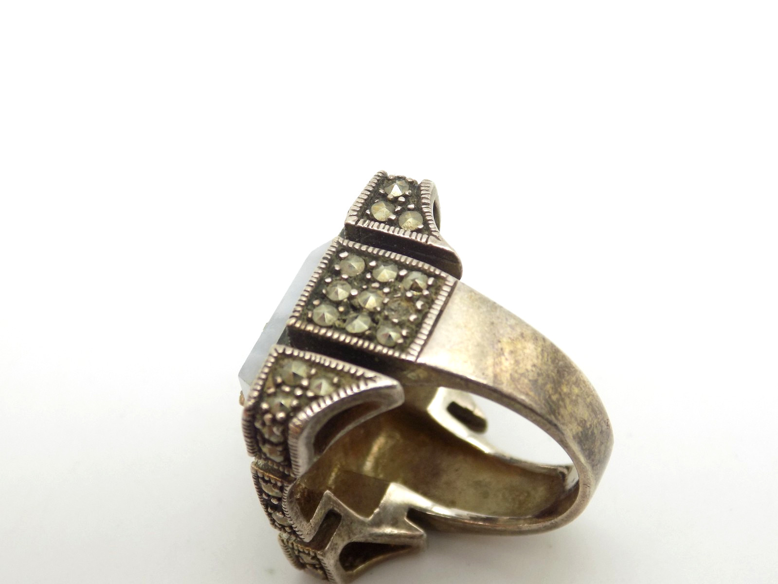 Art Deco Inspired Sterling Silver Blue Lace Agate Marcasite Ring Sz 6 Signed MLD