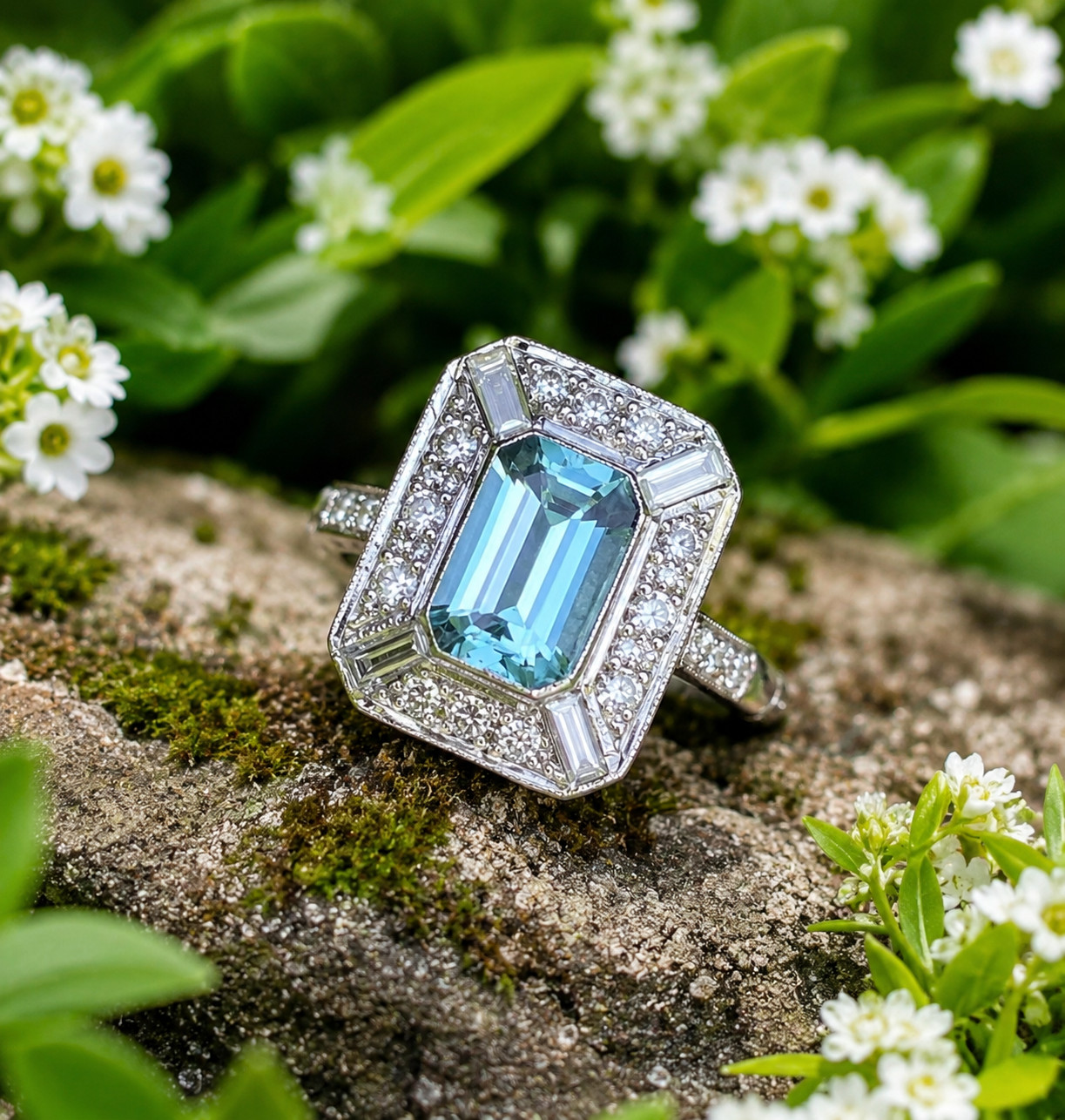 2.50Ct Emerald Lab Created Blue Topaz Halo Engagement Ring 14K White Gold Plated