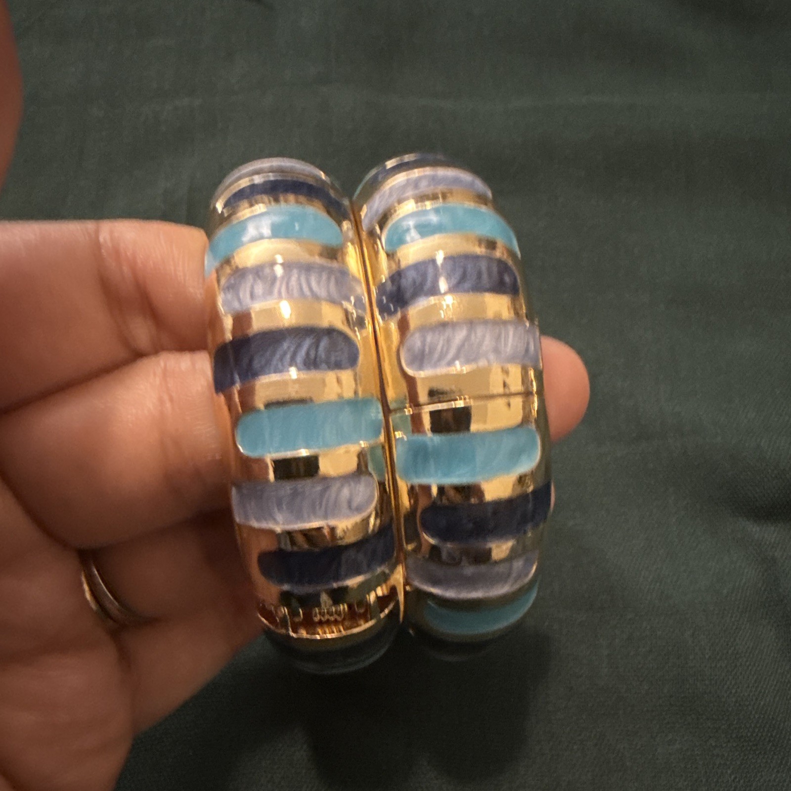 Set of 2 Gold Tone Hinged Bangle Bracelets Blue Purple Striped Enamel Stack