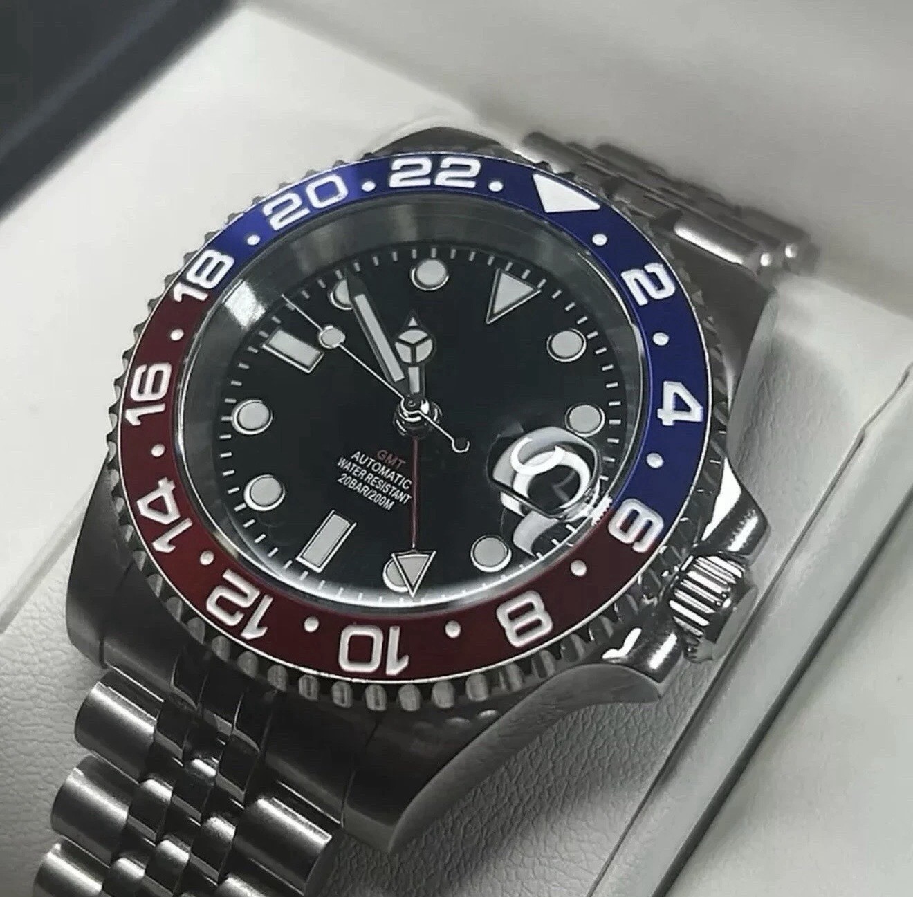 Custom 40mm “Pepsi” GMT Style Mod Watch Jubilee Bracelet w/NH34 Automatic