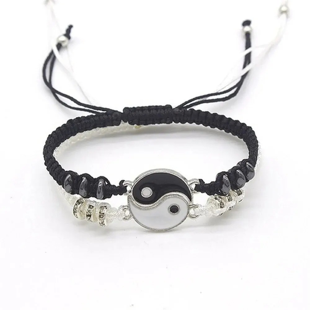 2 PC Jewelry Set Couple Black White Tai Chi Bracelet Rope Adjustable Chain Set S