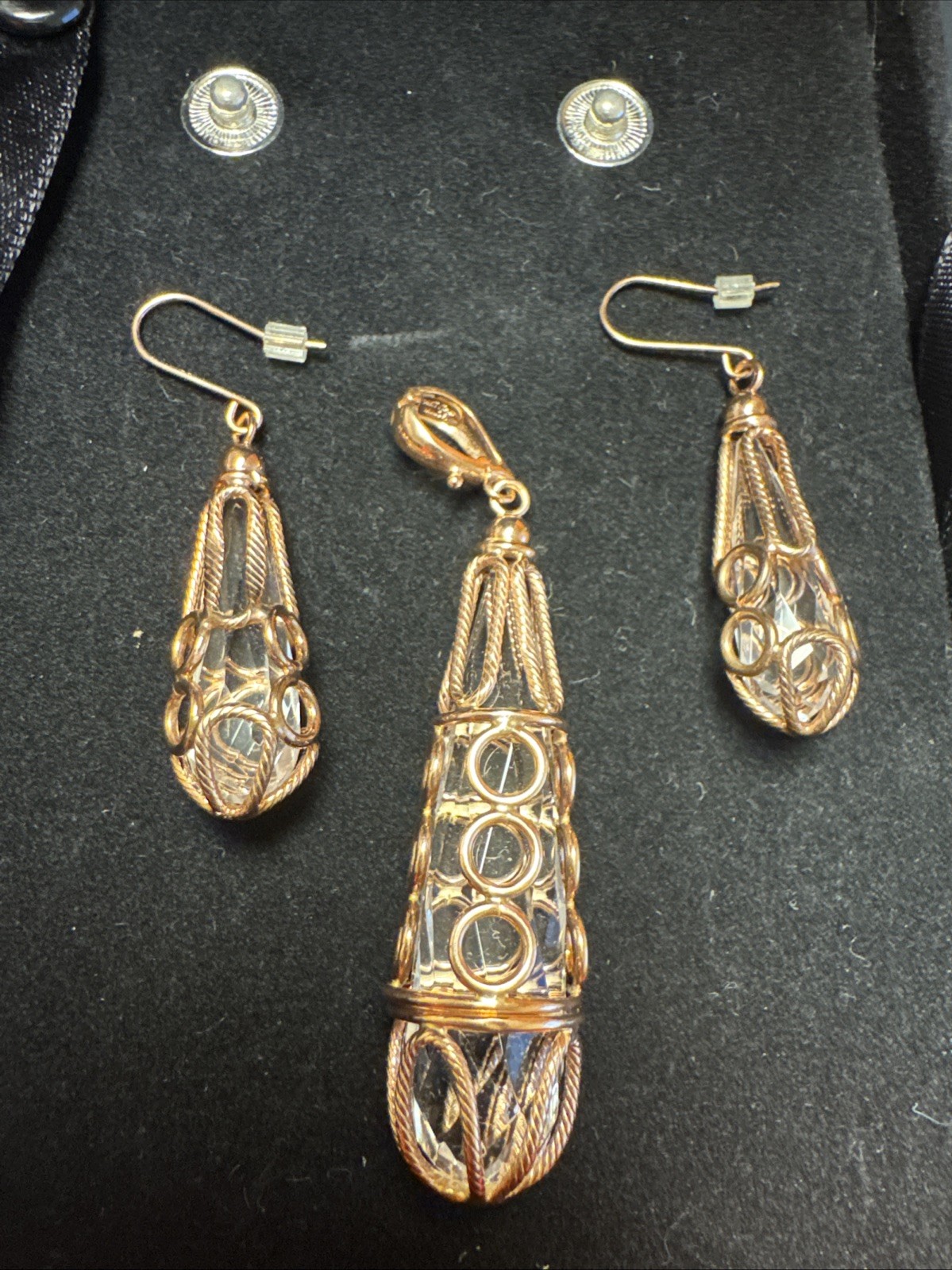 MILOR 14k Yellow Gold Italy Caged Open Work Crystal Drop Pendant Earrings 15g