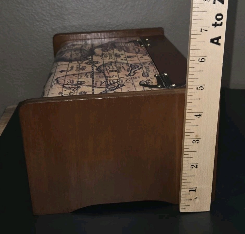Vintage Wooden Valet Storage Box W/ Lid And 1 Drawer, World Map – Travel Themed