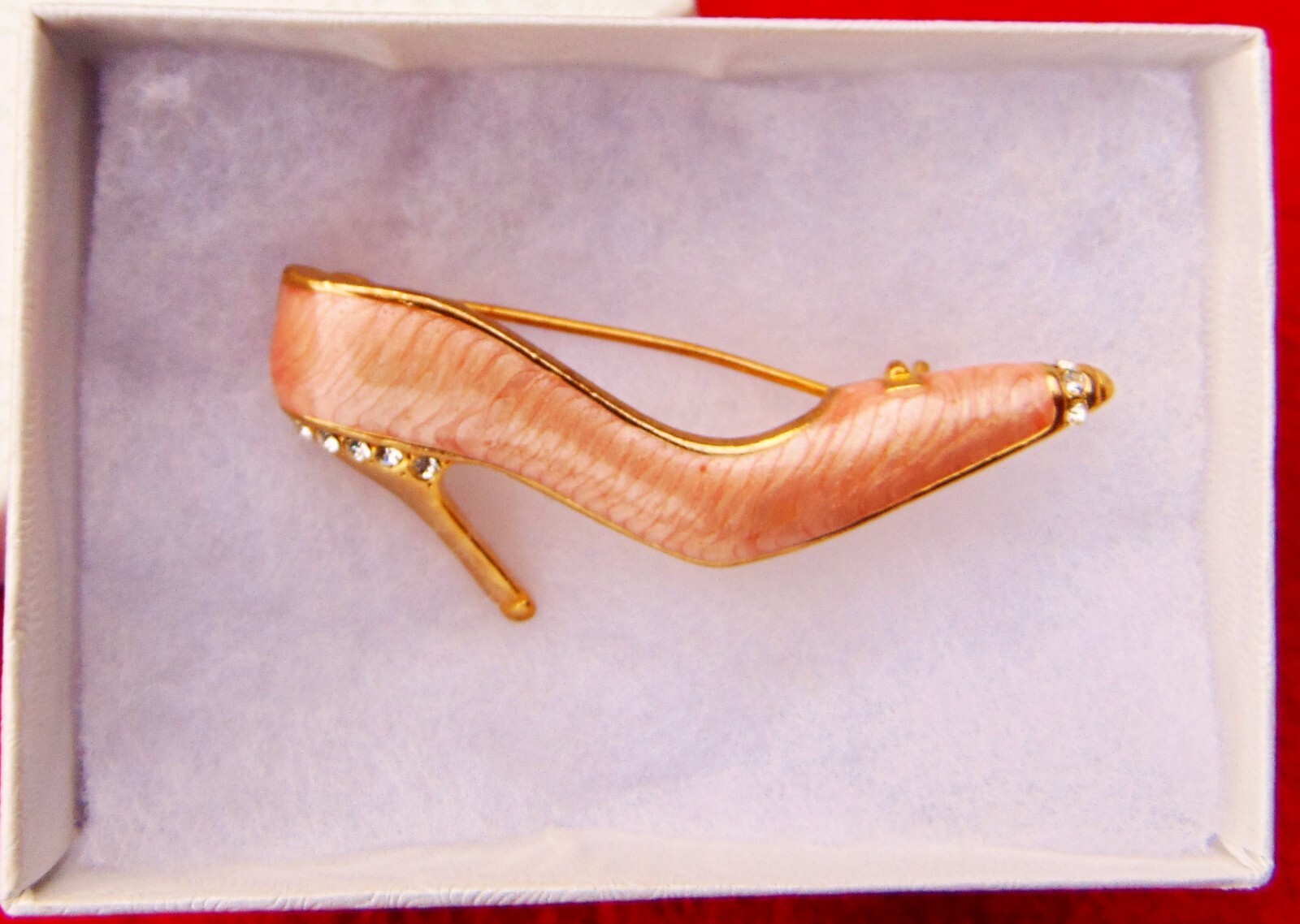 PINK RHINESTONE HIGH HEEL SHOE BROOCH PIN~ 2 1/8″ ~ 18KT GOLD PLATED ~NEW IN BOX