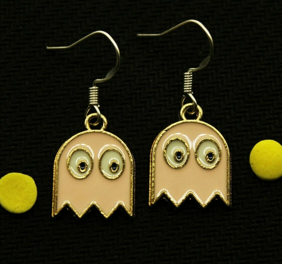 LIGHT PINK PACMAN GHOST EARRINGS Cute Novelty Gamer Gaming Cool Retro Arcade