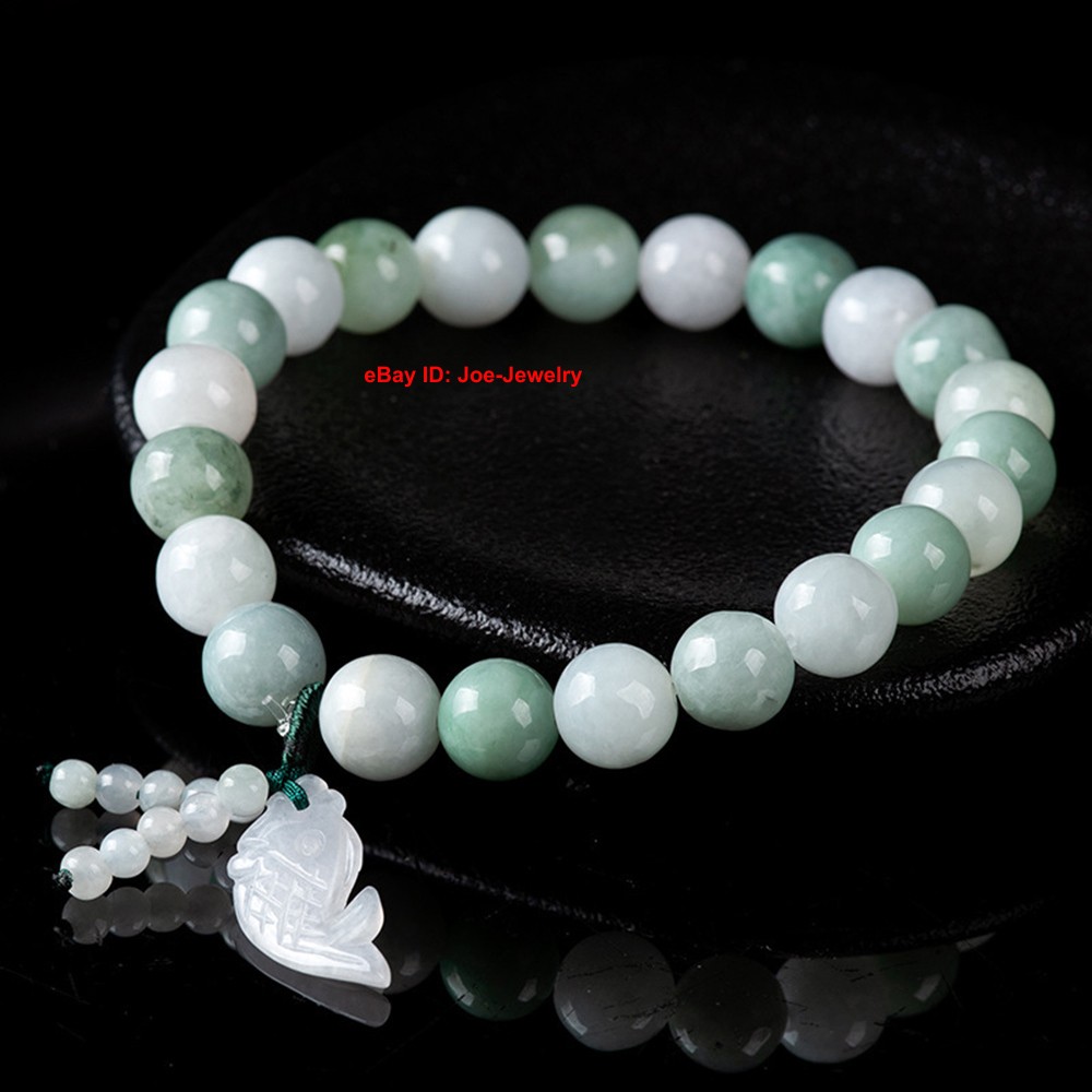 1pcs NEW Natural Grade A Jade 8.8mm Bead Women’s Bracelet Fish Charm 15-16cm