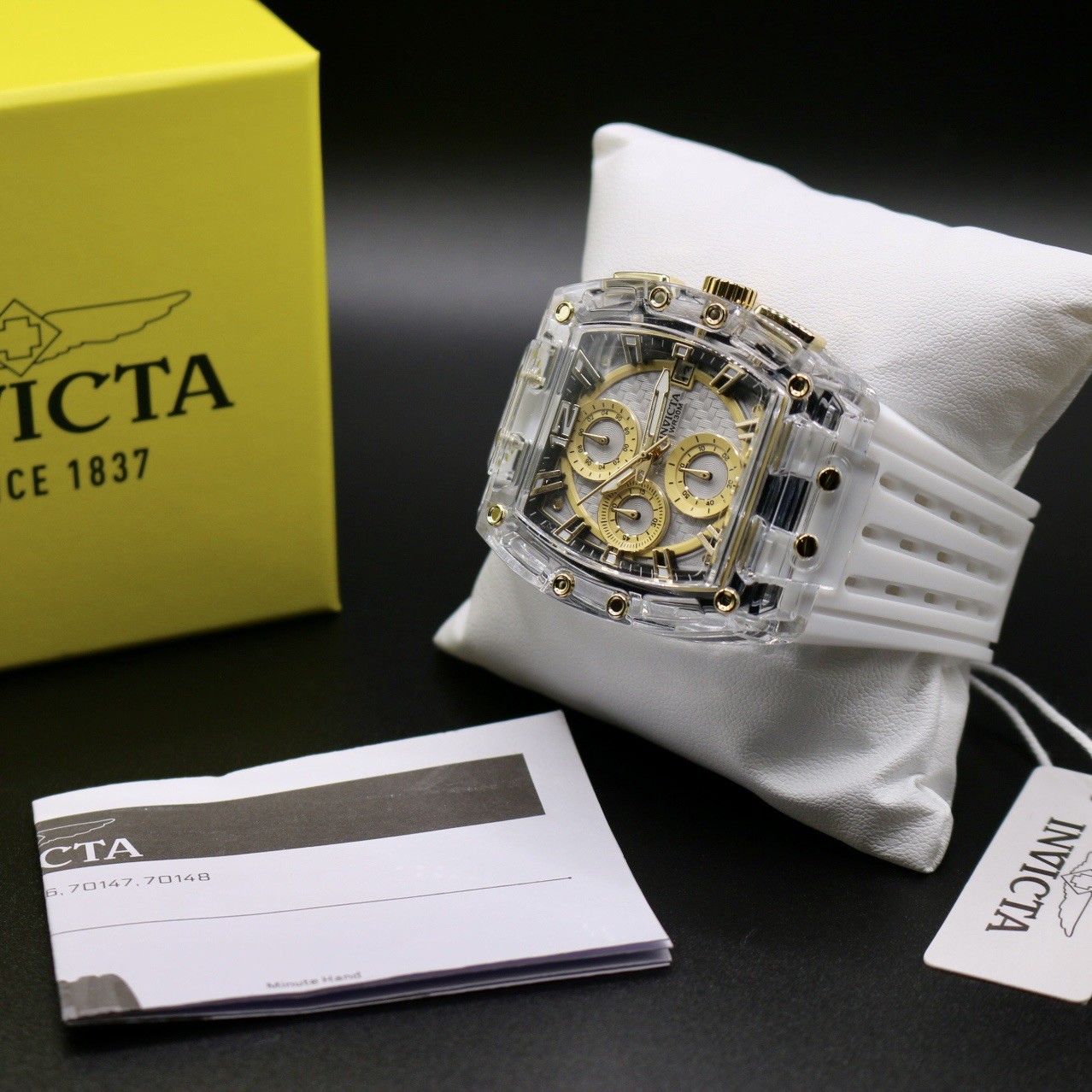 Invicta S1 Rally 42mm Gold Dial Clear Quartz Chronograph White Silicone Watch