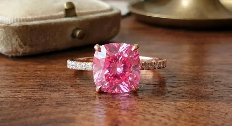 Pink Cushion Cut Moissanite Engagement Ring | Sterling Silver Statement Ring