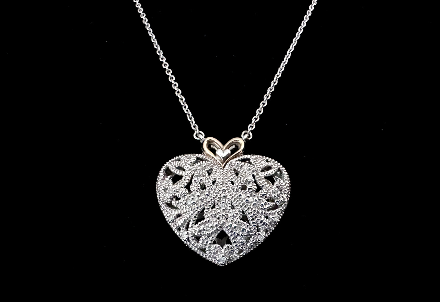 ROYAL CHAIN INC STERLING, 14K RHINESTONE FILAGREE HEART PENDANT 18″ NECKLACE E76