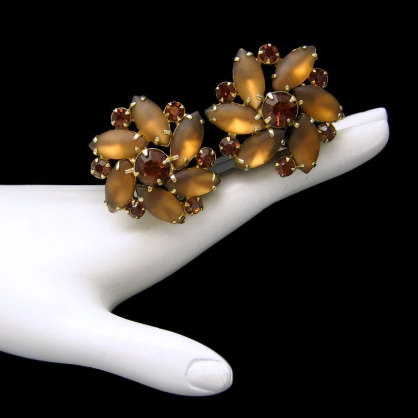 D&E Juliana Vintage Satin Glass Large Clip Earrings Topaz Rhinestones Prong Set