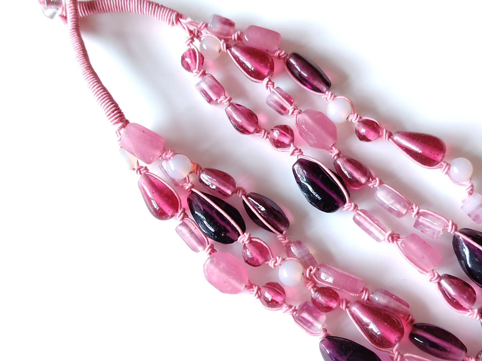 Pink Material Glass Bead Necklace Multi strand Mixed Shape Layering Toggle Clasp