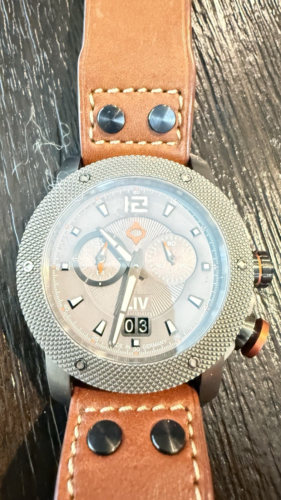 LIV GX Alarm Chronograph Quartz Silver Dial Brown Leather Watch 100m
