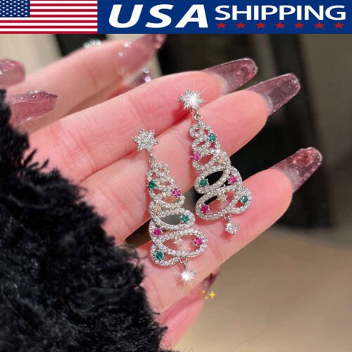2025 Xmas 925 Silver Crystal Christmas Tree Earrings Drop Dangle Women Jewelry