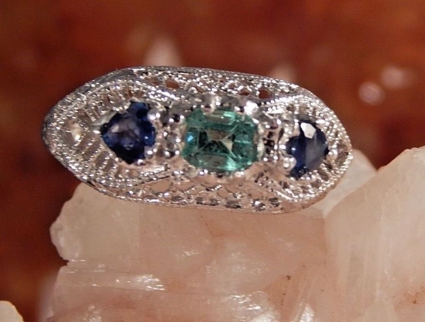 .36 Ct. Emerald Cut Columbian Emerald & Sapphire Ring Sterling Silver Filigree