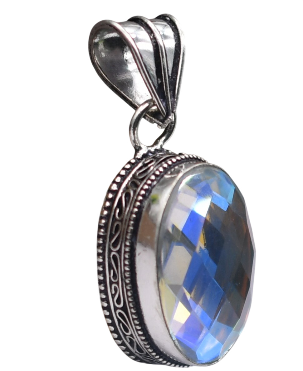 Mystic Topaz Hydro Gemstone Antique Silver Plated Pendant 2″ J 2041