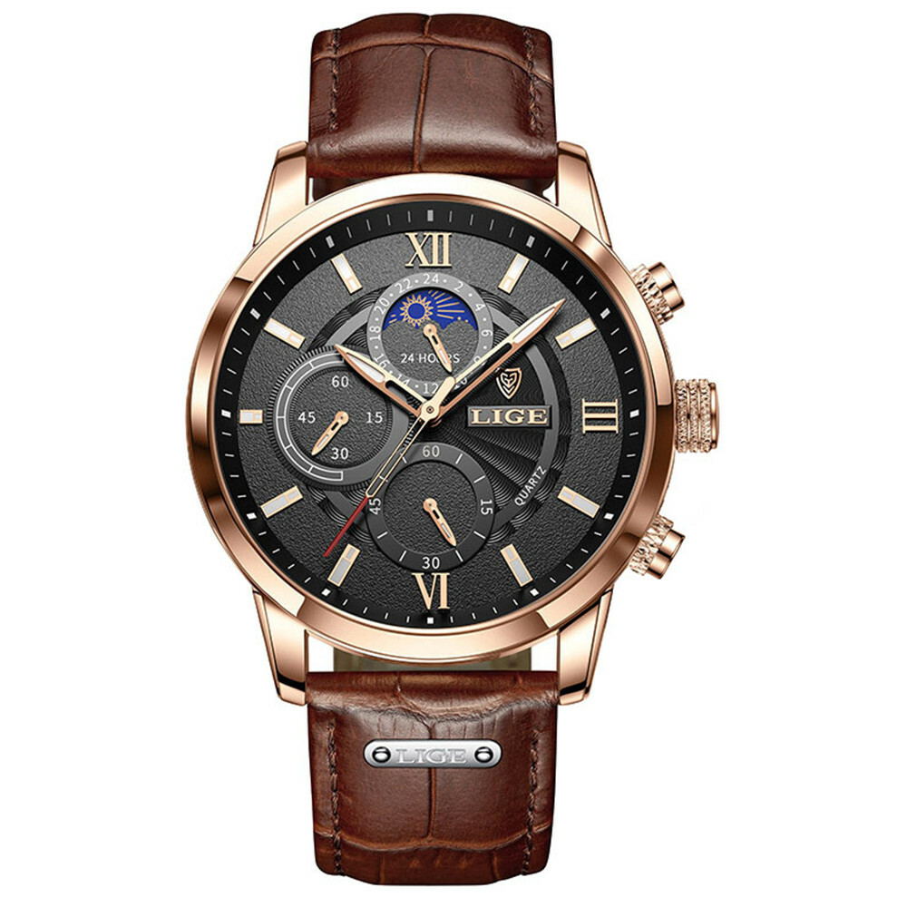 LIGE Men Watch Brown Leather Casual Business Male Calendar Wristwatch
