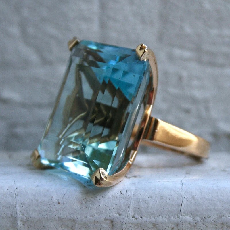 Big Rectangle Shape Rhinestone Rings For Women Aquamarin Princess Crystal Ring .