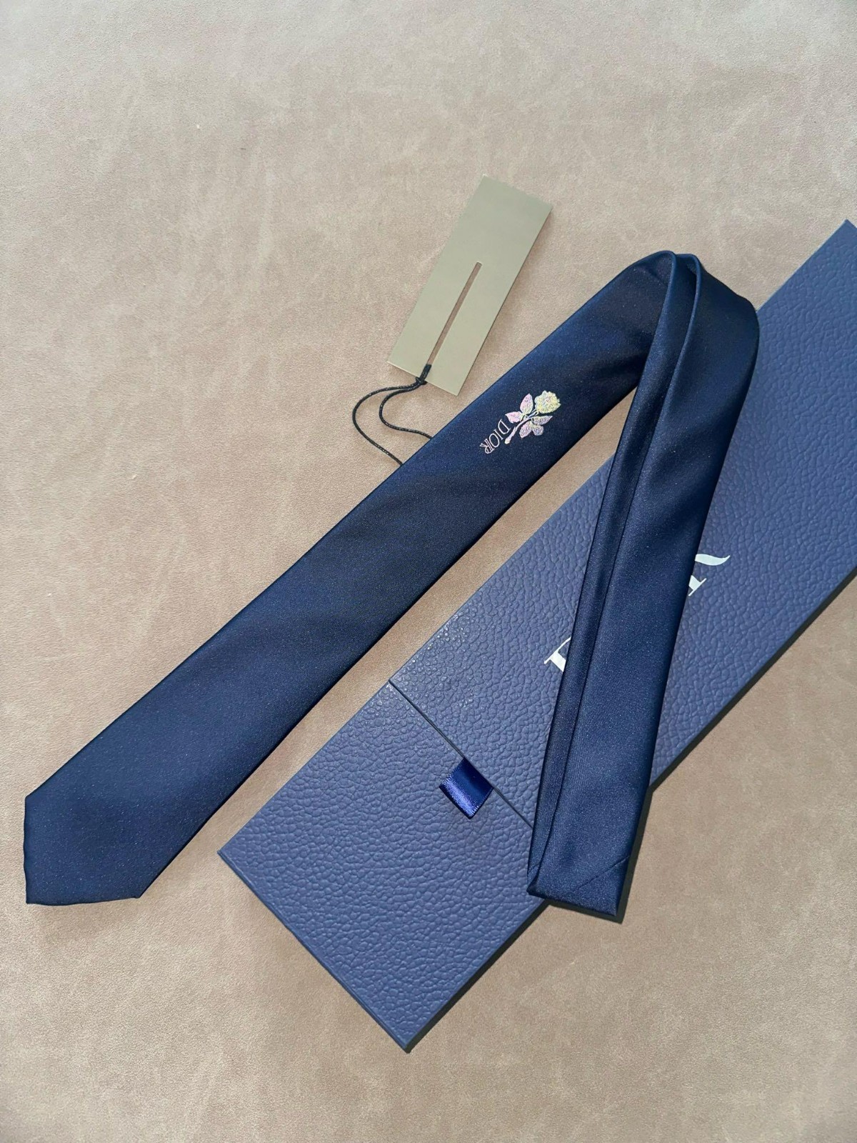 Dior Silk Tie Solid Navy Blue Floral Logo Rose Pattern Made in Italy 2.75 Widest