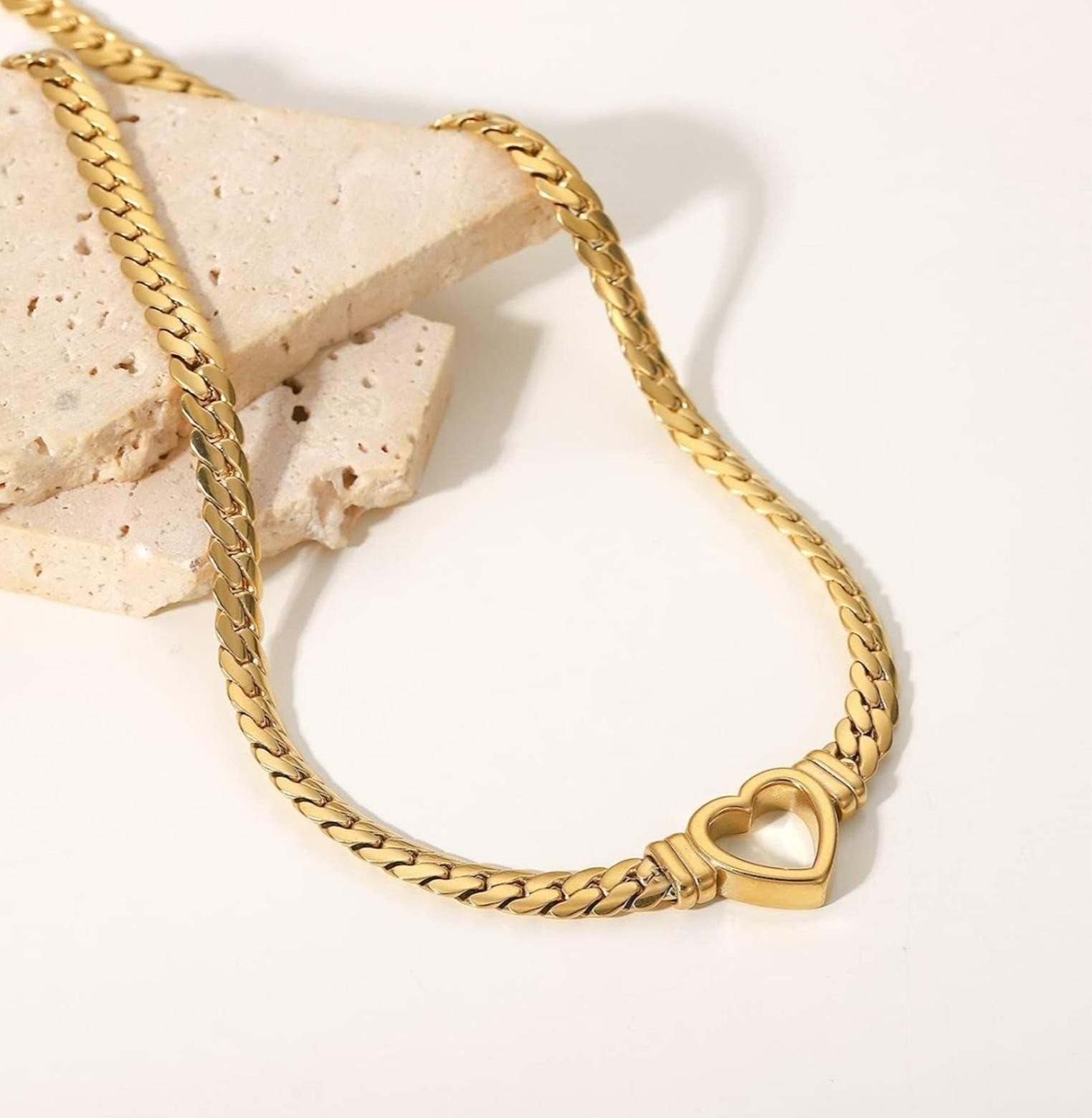 Flat Cuban Link Chunky Chain Necklace Gold Stainless Steel Hollow Heart Charms