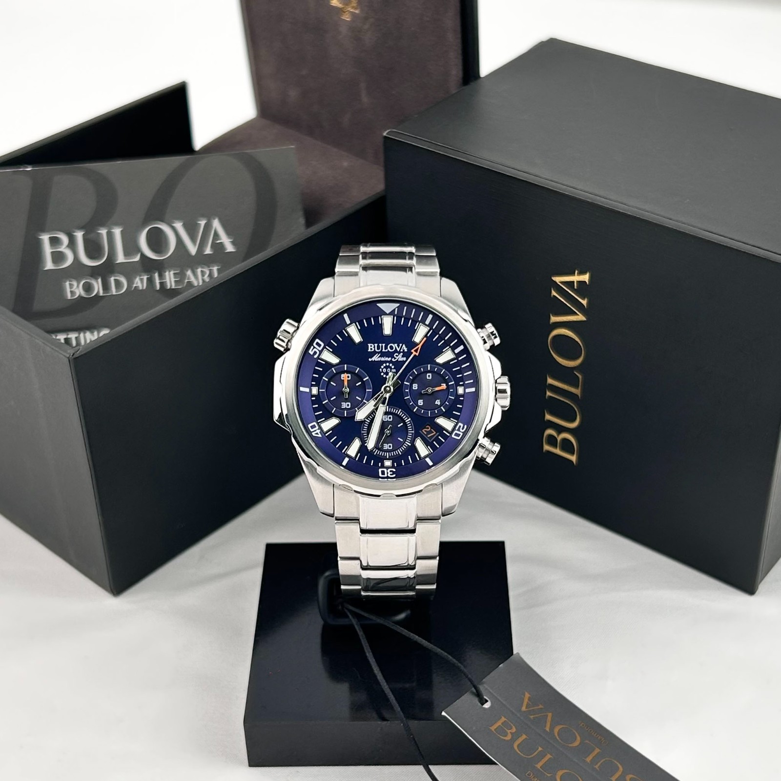 New w/box/Bulova Marine Star 96B256 Blue Dial Chronograph Men’s Quartz Watch