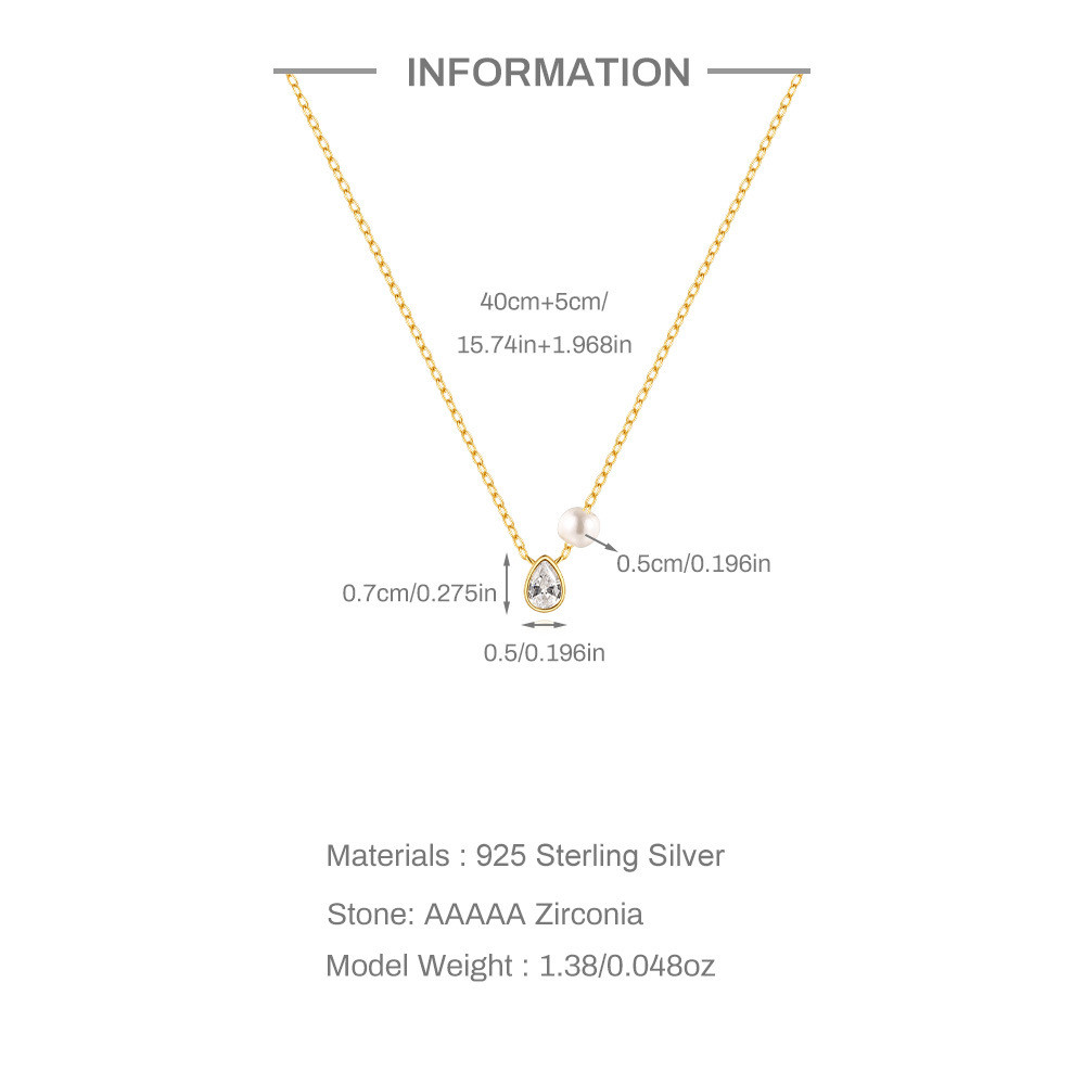 Gold Plated 925 Sterling Silver CZ Teardrop Faux Pearl Necklace for Women