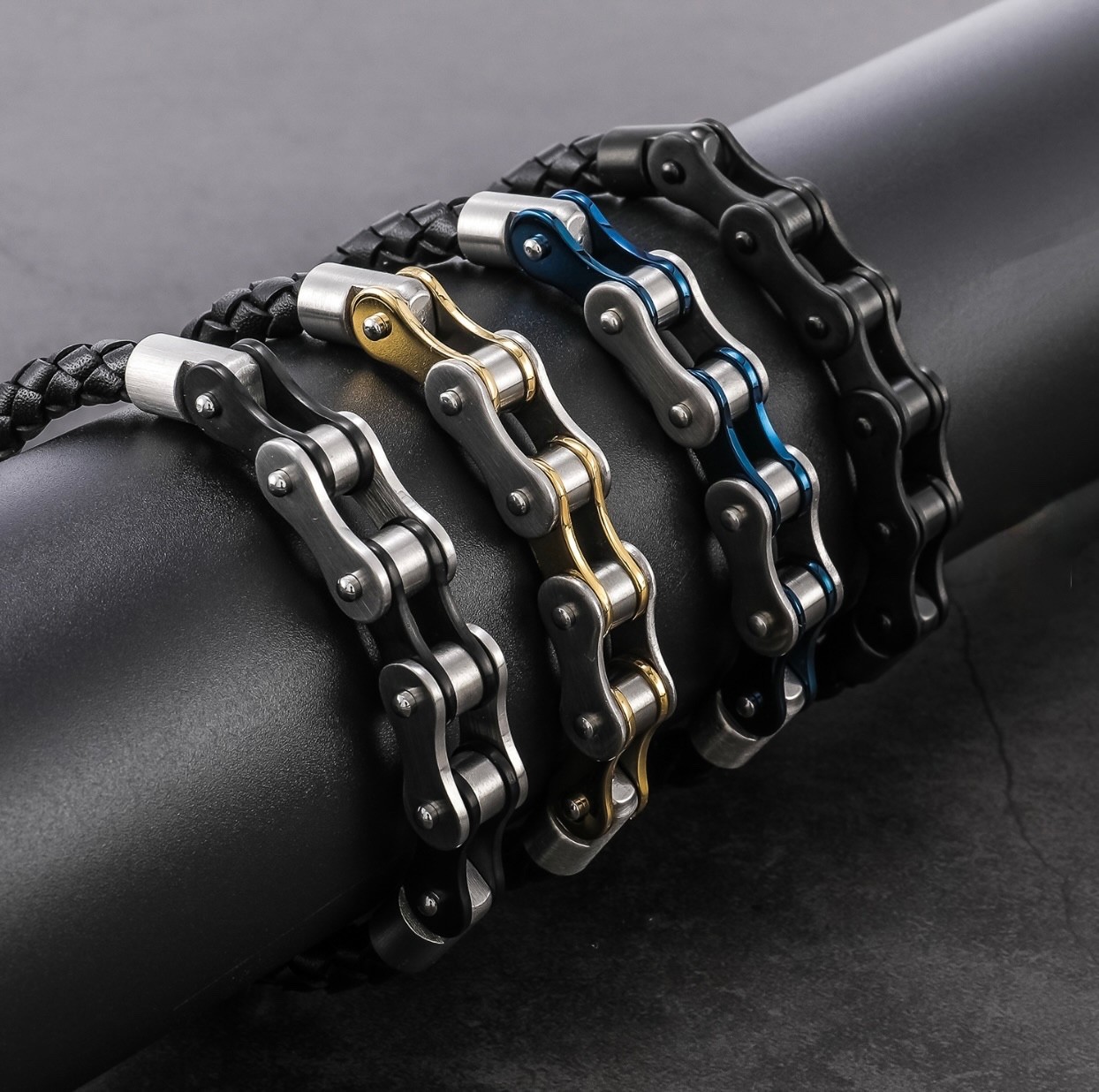 Leather Bike Chain Bracelet, Biker Gothic Rugged 8.5in