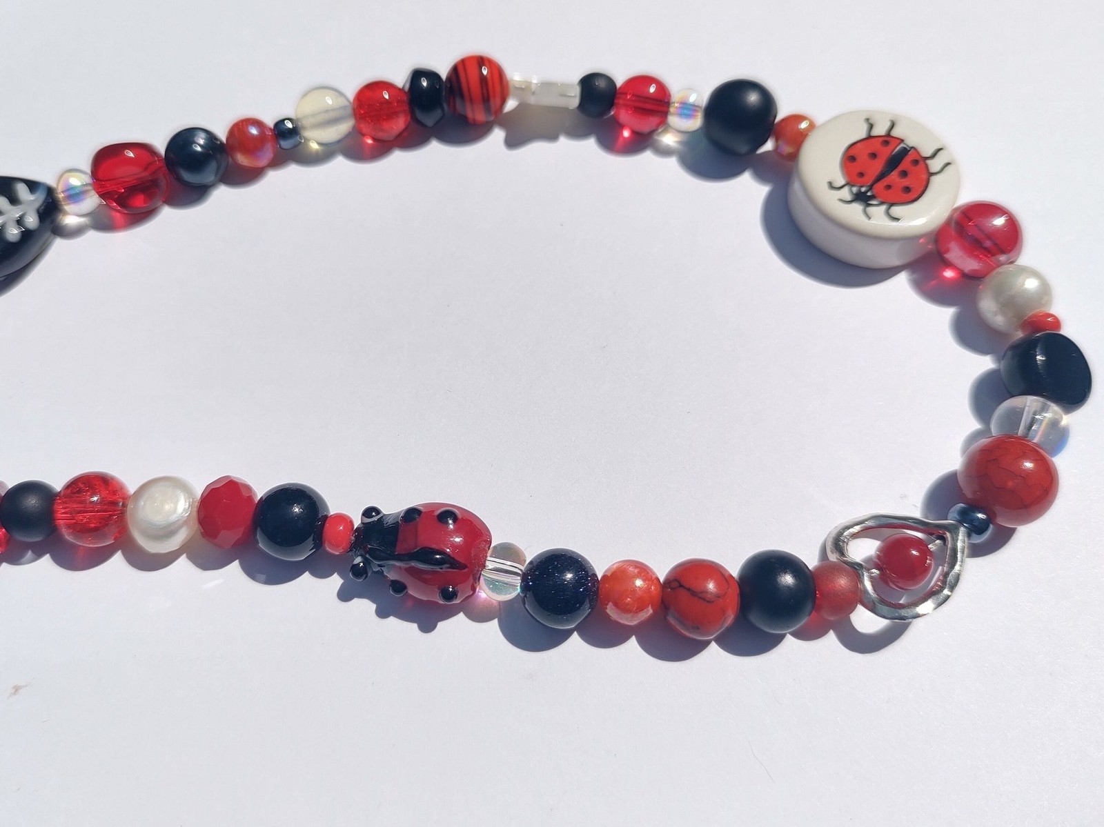 Red and Black Ladybug Ceramic and Glass Bead Handmade Necklace